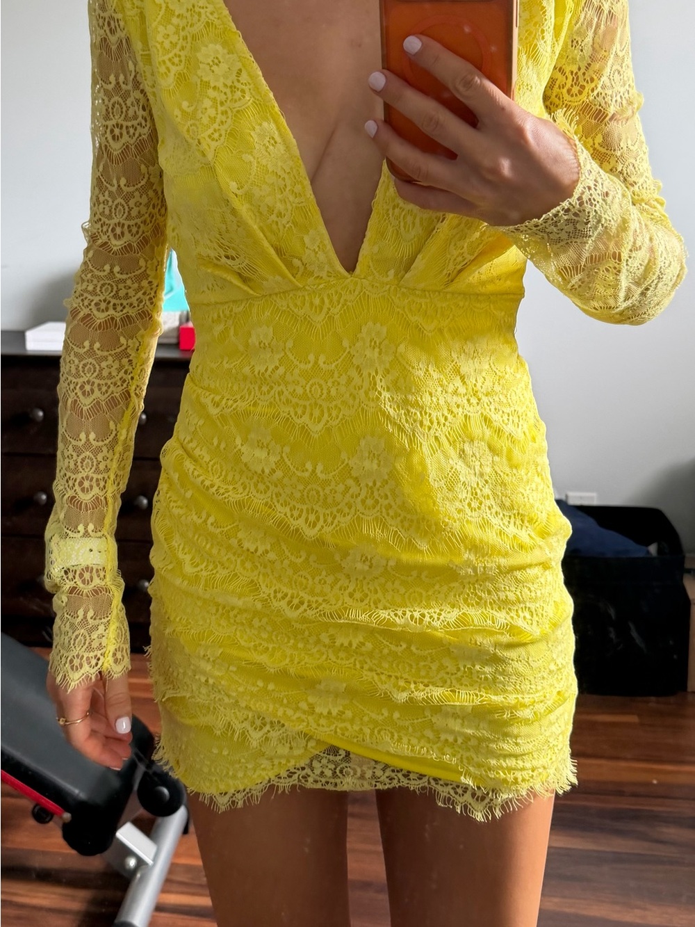 Yellow Lace V-Neck Long Sleeve Mini Dress